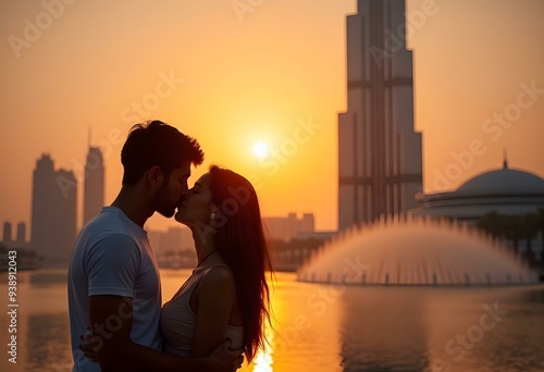Romantic couple kissing at sunset with Burj Khalifa
, United Arab Emirates Dubai