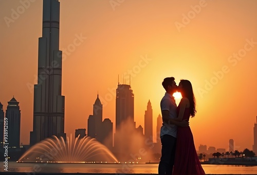 Romantic couple kissing at sunset with Burj Khalifa
, United Arab Emirates Dubai