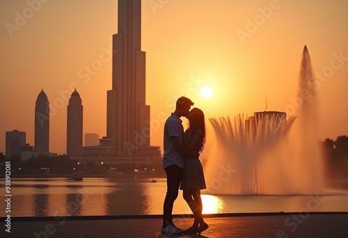 Romantic couple kissing at sunset with Burj Khalifa
, United Arab Emirates Dubai
