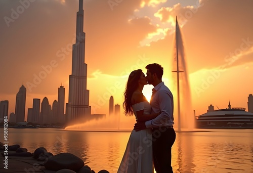 Romantic couple kissing at sunset with Burj Khalifa
, United Arab Emirates Dubai