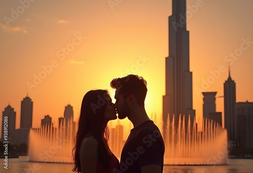 Romantic couple kissing at sunset with Burj Khalifa
, United Arab Emirates Dubai