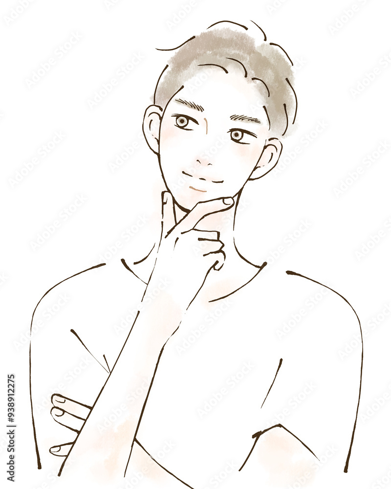 右上を見上げる男性のイラスト ポジティブ 前向きに解決方法考える