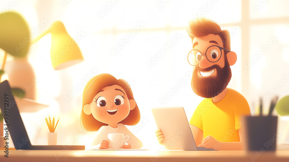 A cheerful father and daughter enjoy a moment together, working on a tablet in a bright, sunny workspace filled with light. A cheerful father and daughter enjoy a moment together, working on a tablet in a bright, sunny workspace filled with light.