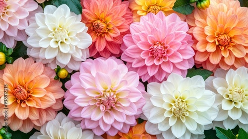 pinks, orange and white Dahlia flowers. Colorful dahlia garden flowers, wallpaper backdrop. Blossoming dalias bloom. Generative ai