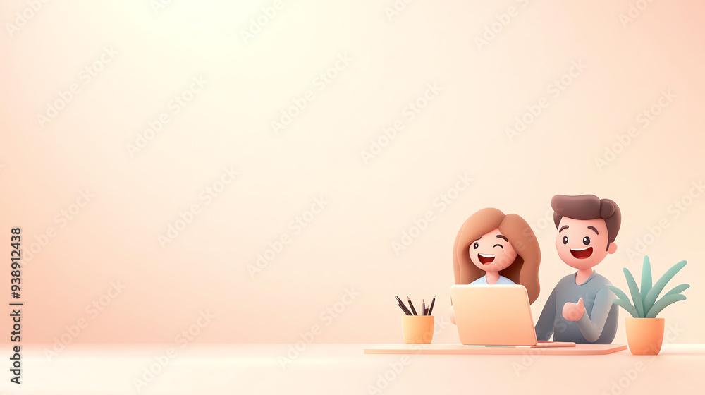 A cheerful illustration of a couple working on a laptop, surrounded by plants and stationary, depicting collaboration and creativity. A cheerful illustration of a couple working on a laptop, surrounded by plants and stationary, depicting collaboration and creativity.