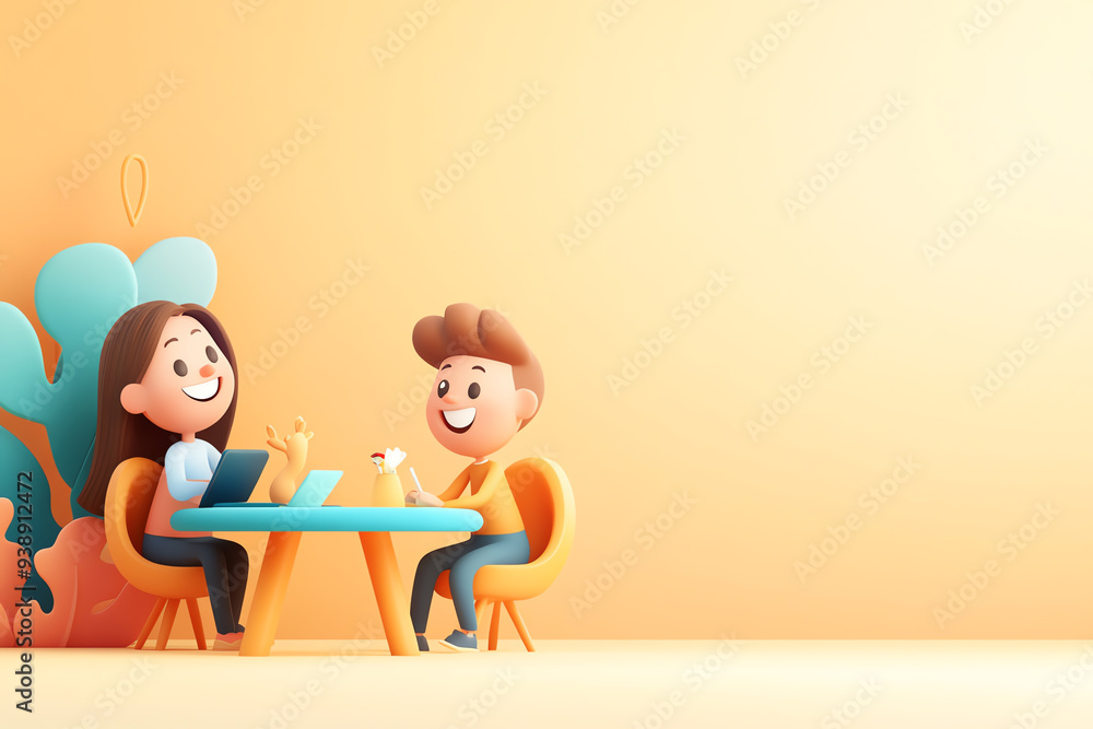 A cheerful scene of a boy and girl enjoying drinks at a stylish table against a warm orange background. A cheerful scene of a boy and girl enjoying drinks at a stylish table against a warm orange background.