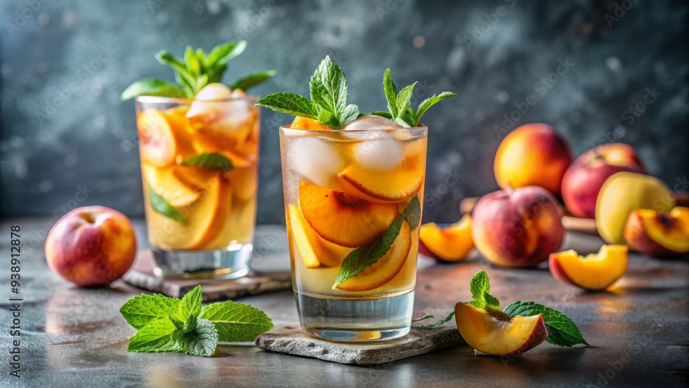 Fresh peaches and mint leaves garnish a refreshing summer cocktail, served over ice in a tall glass with a subtle backdrop of natural light. Fresh peaches and mint leaves garnish a refreshing summer cocktail, served over ice in a tall glass with a subtle backdrop of natural light.
