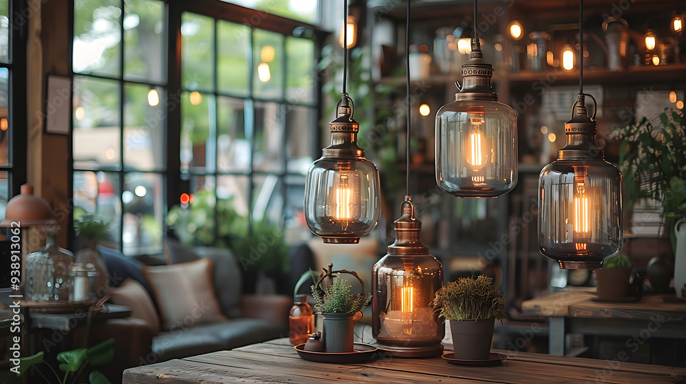 A charming kitchen interior features rustic glass pendant lights, wooden furniture, and indoor plants, creating a warm, inviting atmosphere A charming kitchen interior features rustic glass pendant lights, wooden furniture, and indoor plants, creating a warm, inviting atmosphere