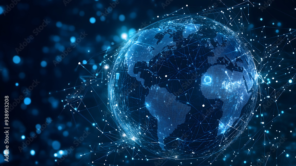 Obraz premium Futuristic globe with digital graphic network technology background. AI generated image