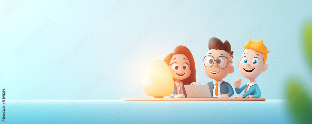 Three animated characters happily working together with a glowing lamp, showcasing teamwork and creativity in a bright setting. Three animated characters happily working together with a glowing lamp, showcasing teamwork and creativity in a bright setting.