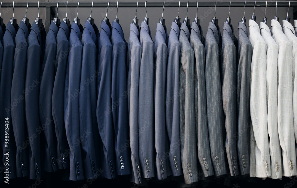 Row of fashion business suit for man in retail clothes shop. Row of fashion business suit for man in retail clothes shop.