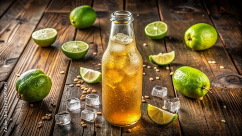 Frothy glass bottle of spicy golden soda with condensation, surrounded by sliced limes and ice cubes on a rustic wooden table. photo