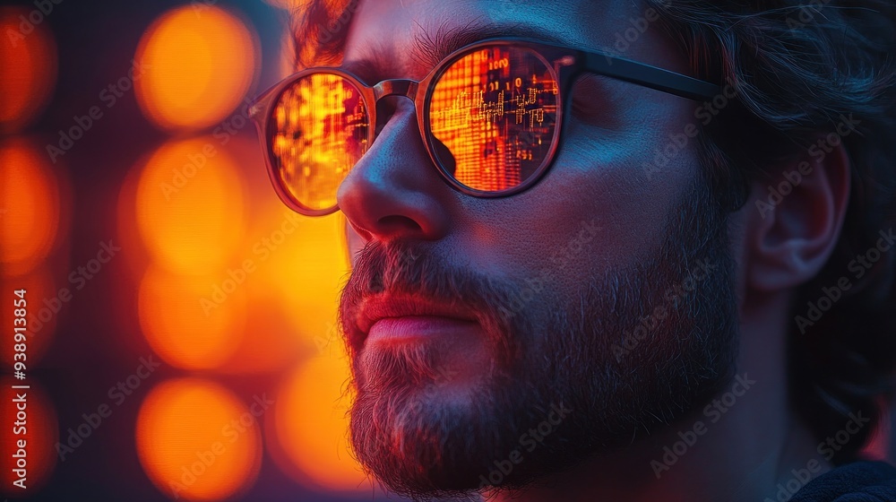 Man with Sunglasses Reflecting City Lights Man with Sunglasses Reflecting City Lights