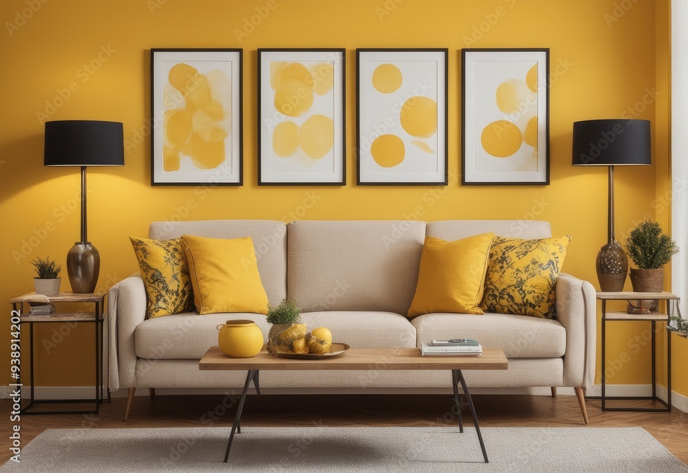 Beige sofa with yellow pillows and two side tables with lamps against vibrant yellow wall with poster frame. Classic home interior design of modern living room Beige sofa with yellow pillows and two side tables with lamps against vibrant yellow wall with poster frame. Classic home interior design of modern living room