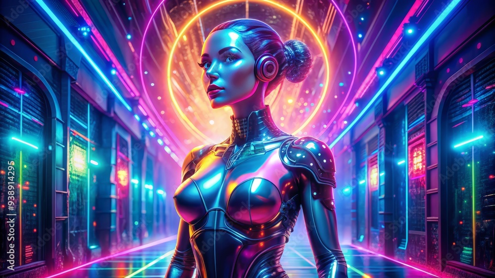 Futuristic And Vibrant Digital Image Of A Female Humanoid Figure In A Neon-Lit Environment Futuristic And Vibrant Digital Image Of A Female Humanoid Figure In A Neon-Lit Environment