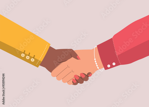 Close Up Of Two Female’s Hands With Different Skin Tones In Businesswear Shaking Hands.