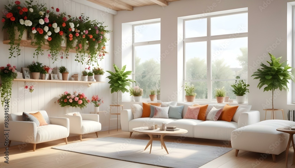 a room with a wall covered in pink flowers and a white couch. a room with a wall covered in pink flowers and a white couch.