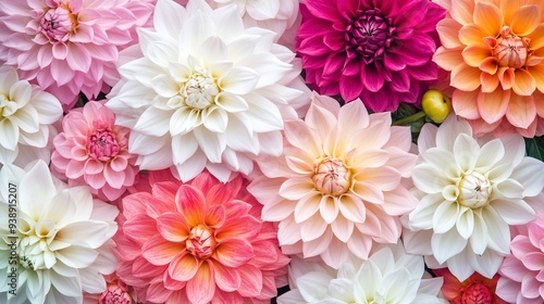 pinks, orange and white Dahlia flowers. Colorful dahlia garden flowers, wallpaper backdrop. Blossoming dalias bloom. Generative ai