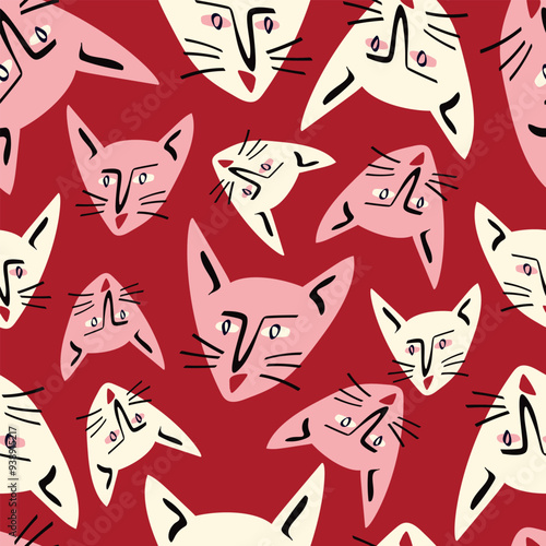 Pattern with kitty with a lovely face. Freaky comic cat face. Bizarre Valentine's Day pattern in modern cartoon style