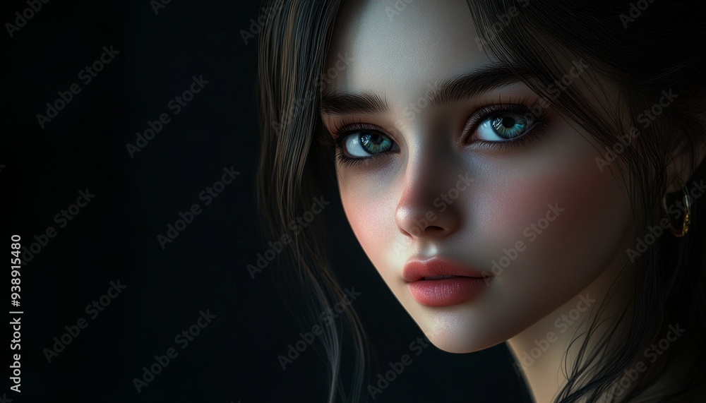 Fototapeta premium Brunette on a Dark Background with Intense Stare and Soft Lighting