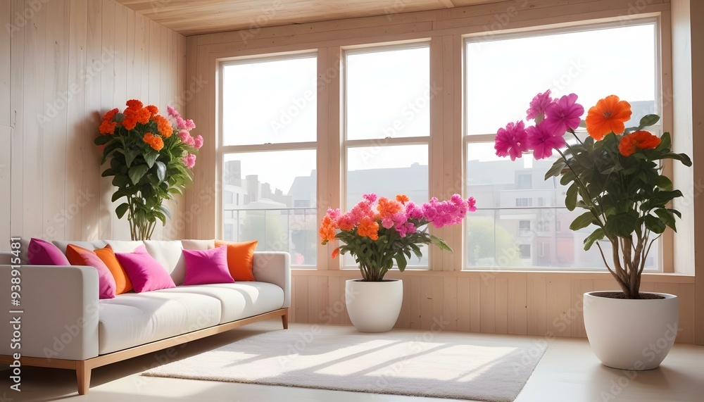 a room with a wall covered in pink flowers and a white couch. a room with a wall covered in pink flowers and a white couch.