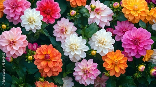 pinks, orange and white Dahlia flowers. Colorful dahlia garden flowers, wallpaper backdrop. Blossoming dalias bloom. Generative ai