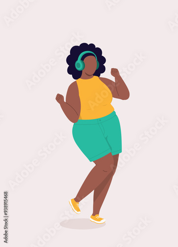 One Curvy Black Woman Dancing While Listening To Music With Wireless Headphone.
