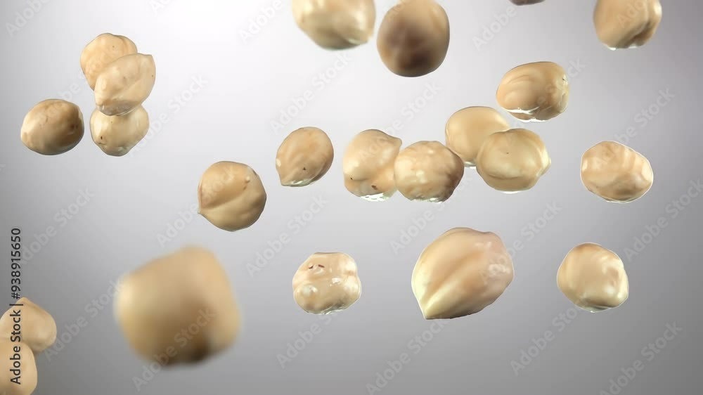 Close-up of freshly peeled hazelnuts bouncing and spinning on white background in slow motion. High quality 4k footage Close-up of freshly peeled hazelnuts bouncing and spinning on white background in slow motion. High quality 4k footage