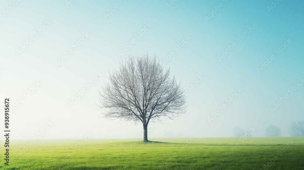 Obraz premium Lone Tree in a Misty Field - Tranquil Landscape