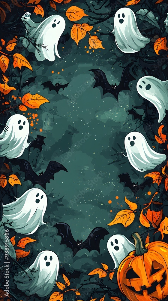 Obraz premium Spooky Halloween Ghosts and Pumpkins in Autumn Night Scene
