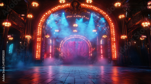Halloween Circus,  A lively Halloween circus stage adorned with colorful lights, smoke effects, and a grand arched entrance, perfect for events and performances