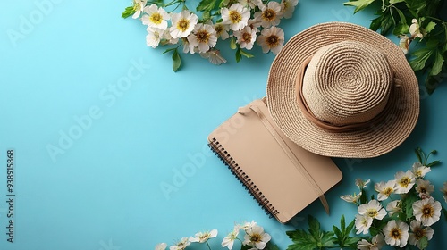 Top view flat lay of summer fashion: beige string bag, feminine accessories, bouquet of flowers, notebook.