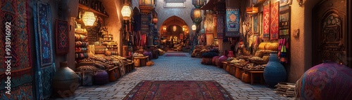 A vibrant and cozy market corridor filled with colorful textiles, lanterns, and pottery, showcasing Middle Eastern culture and craftsmanship. photo