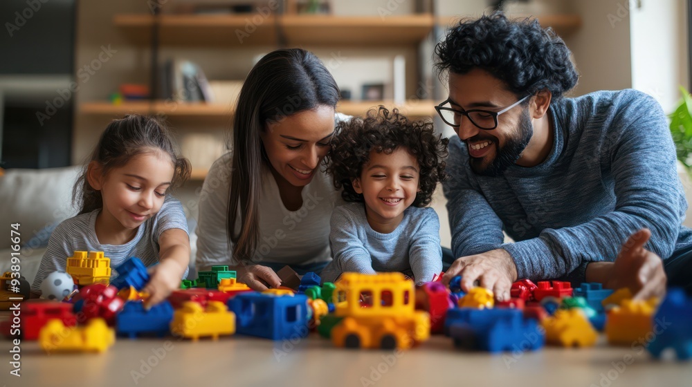 A multicultural family tidying up toys in the living room, turning cleanup time into a fun group effort A multicultural family tidying up toys in the living room, turning cleanup time into a fun group effort