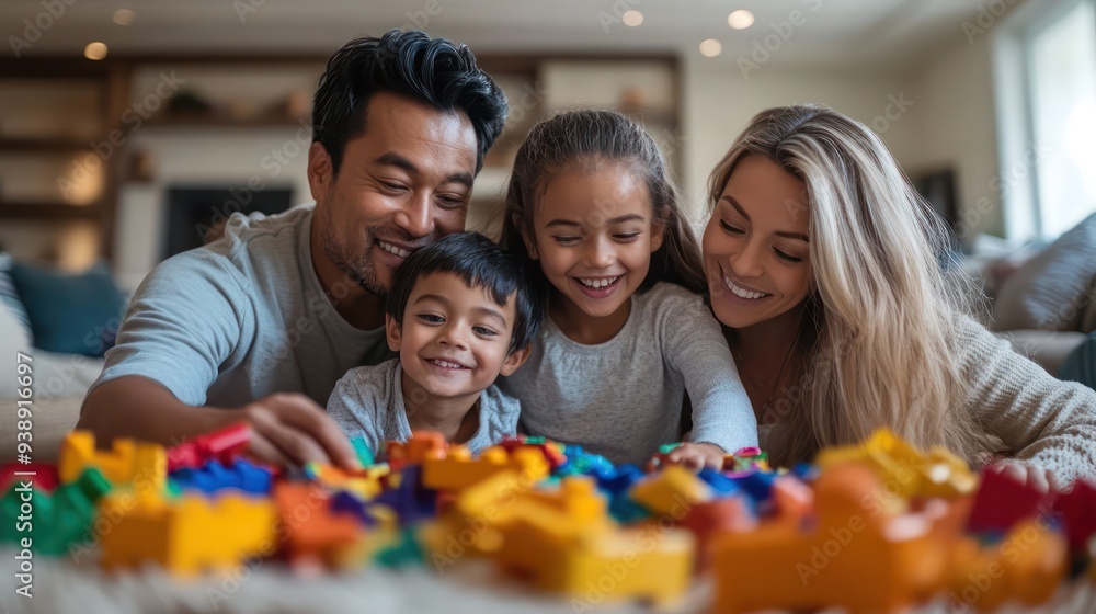 A multicultural family tidying up toys in the living room, turning cleanup time into a fun group effort A multicultural family tidying up toys in the living room, turning cleanup time into a fun group effort