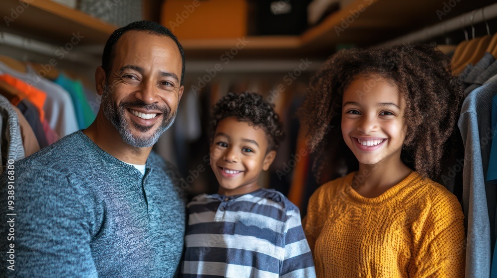 Obraz premium A multicultural family organizing their closets, sorting clothes and shoes together with smiles