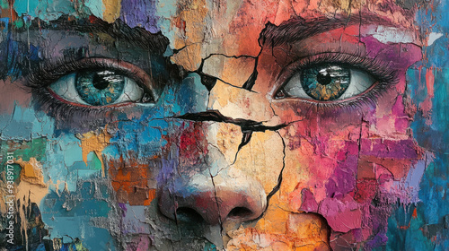 Fragmented Figure Art, An eye-catching representation of a broken figure, using various textures and vibrant colors to inspire emotion and provoke thought