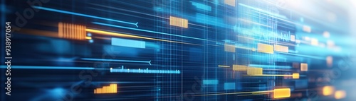 Abstract technology background with blue and yellow data lines. Futuristic digital interface with dynamic motion. High-tech innovation concept.