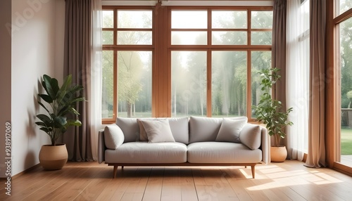 Interior mockup In a white room a blue sofa is placed next to a photo frame on the wall