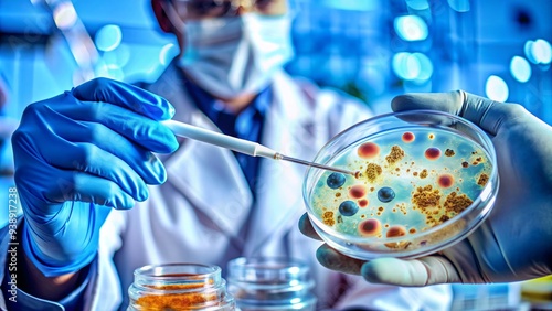 Gloved hands holding a petri dish and a pipette, with bacteria cultures and various laboratory equipment blurred in the background, highlighting cross-contamination risks. photo