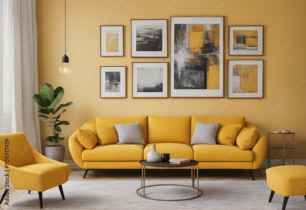 Beige sofa with yellow pillows and two side tables with lamps against vibrant yellow wall with poster frame. Classic home interior design of modern living room Beige sofa with yellow pillows and two side tables with lamps against vibrant yellow wall with poster frame. Classic home interior design of modern living room