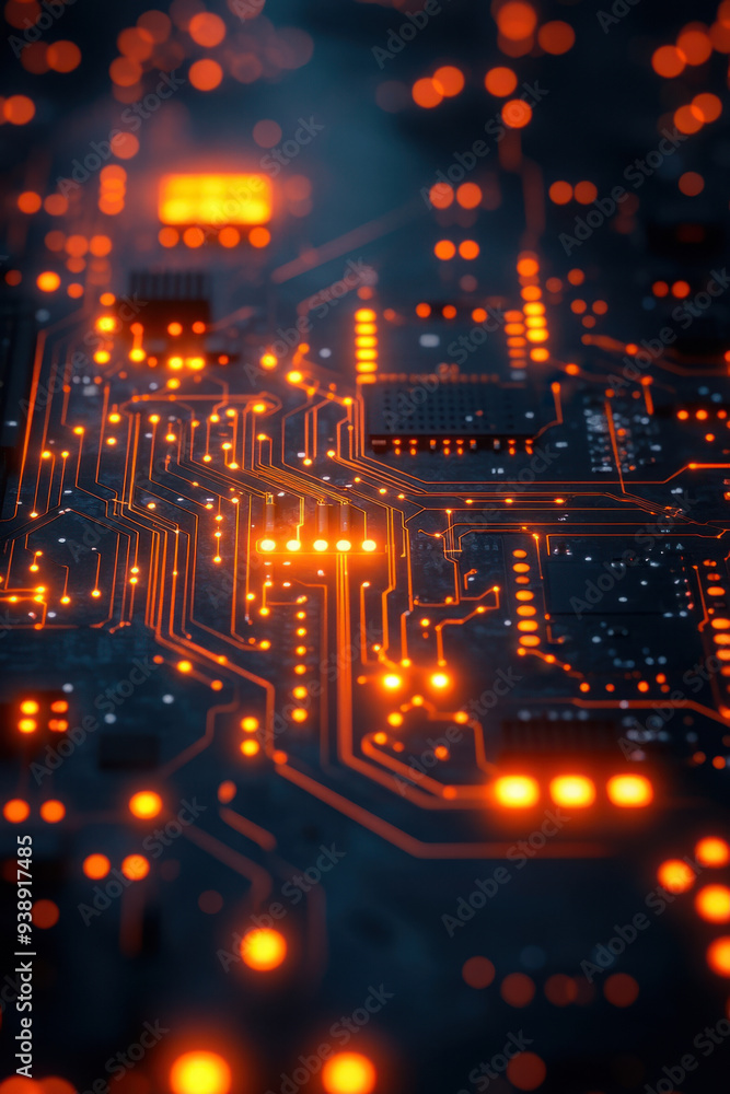 Glowing Circuit Board, An image of a circuit board featuring bright orange lines on a dark background, representing advanced technology and innovation Glowing Circuit Board, An image of a circuit board featuring bright orange lines on a dark background, representing advanced technology and innovation