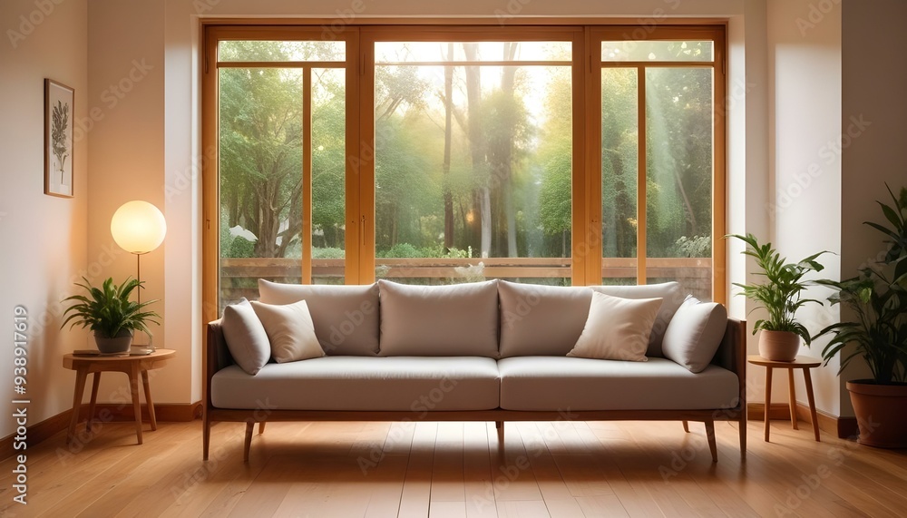 Interior mockup In a white room a blue sofa is placed next to a photo frame on the wall Interior mockup In a white room a blue sofa is placed next to a photo frame on the wall