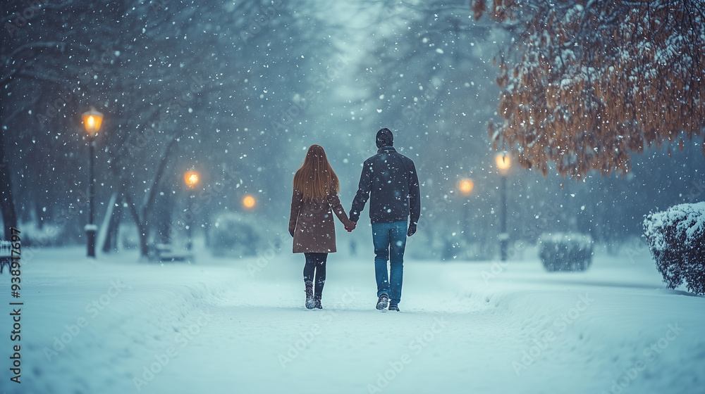 young couple holding hands as they walk through a snowy park, with snowflakes gently falling around them, creating a romantic atmosphere. young couple holding hands as they walk through a snowy park, with snowflakes gently falling around them, creating a romantic atmosphere.