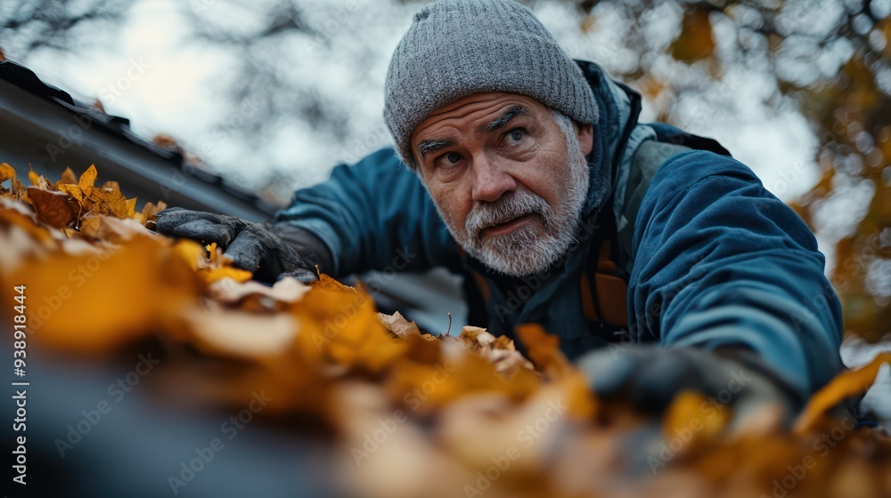 A middle-aged man climbed onto the roof. Rake the leaves to keep the area clean and safe. A middle-aged man climbed onto the roof. Rake the leaves to keep the area clean and safe.