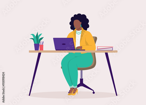 One Plus Size Black Woman In Business Casual Working With Laptop At The Desk. Full Length.