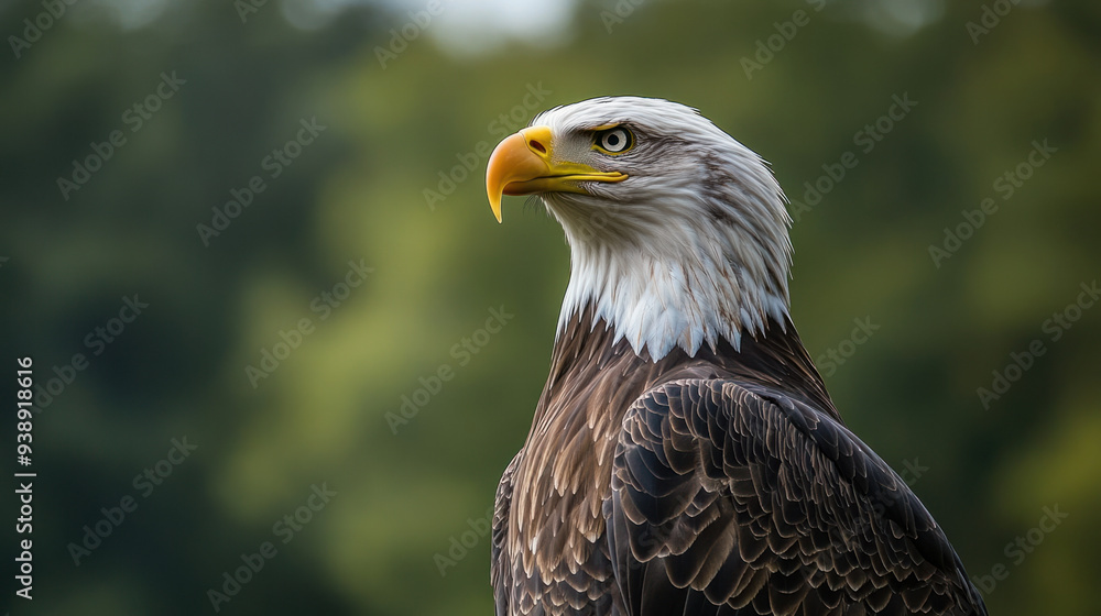 Fototapeta premium Bald Eagle Patriotism, A bald eagle set against an American flag background, representing the spirit of patriotism and freedom in the USA