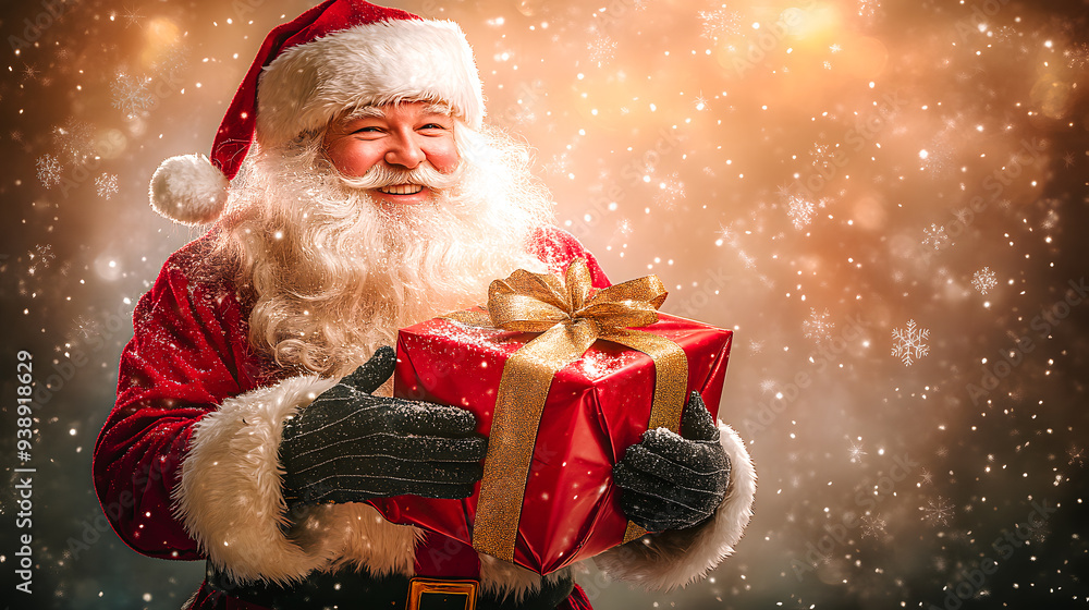 Père Noël avec grand barbe blanche tenant un cadeau Père Noël avec grand barbe blanche tenant un cadeau
