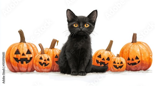 Adorable Black Cat with Pumpkin Jack O Lanterns on White Background