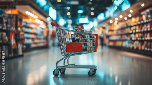 A shopping cart filled with groceries stands in an aisle of a supermarket, with blurred shelves in the background.